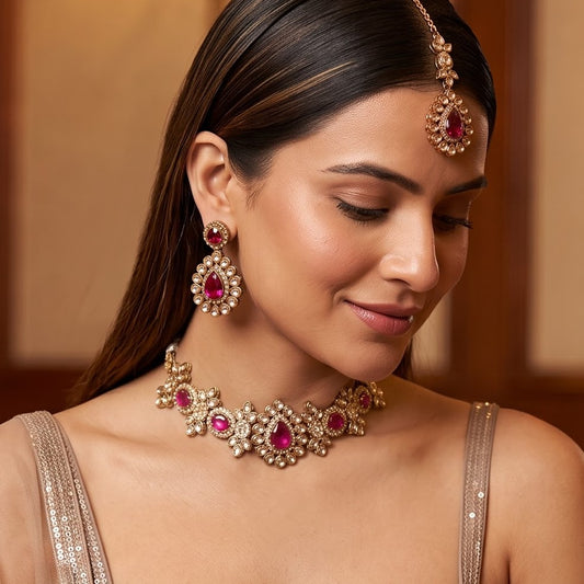 Israt Kundan Necklace Set - Wine