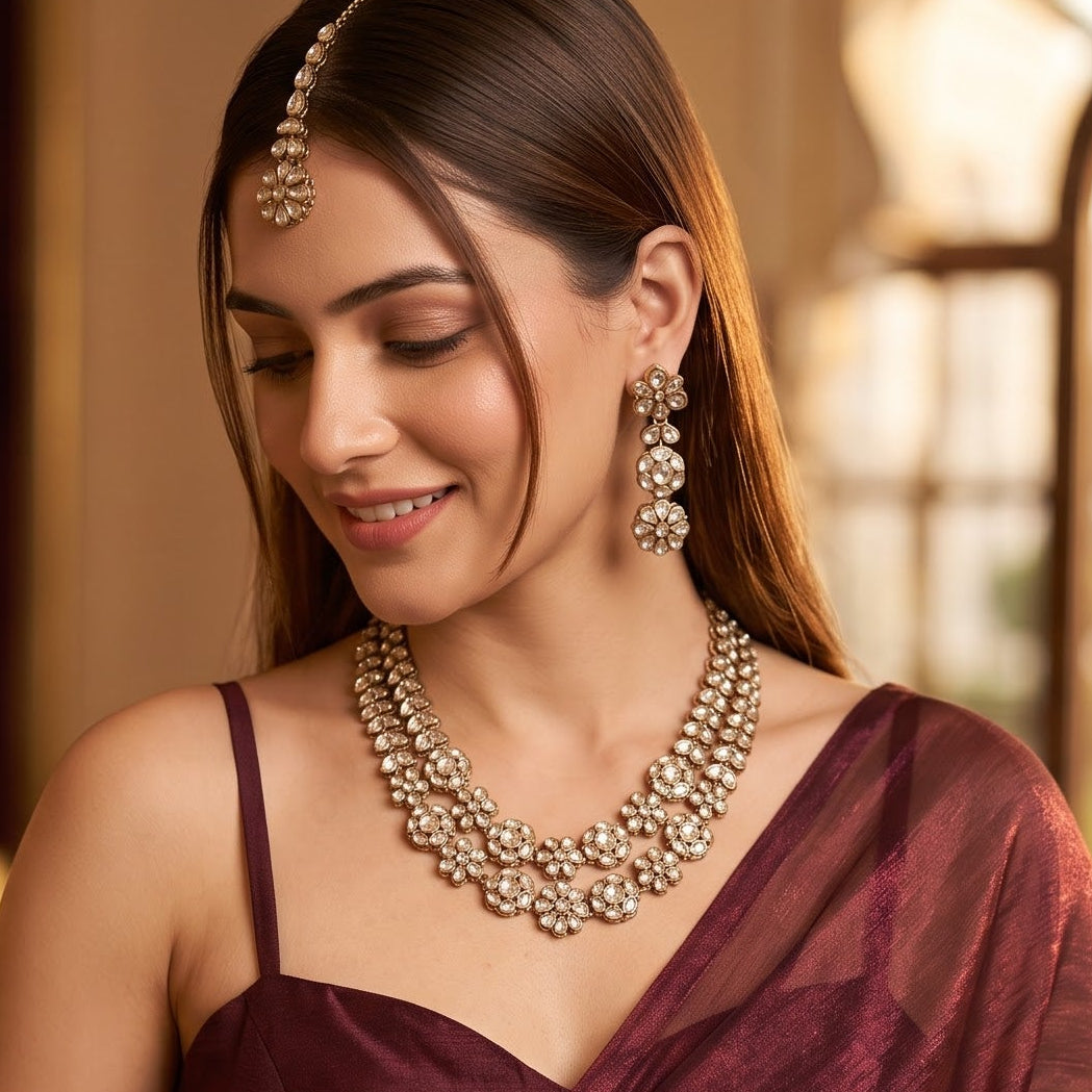 Golden Nandisha Double Layer Kundan Necklace Set