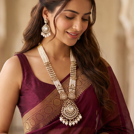 Golden Sanisha Designer Kundan Rani Haar Long Necklace Set