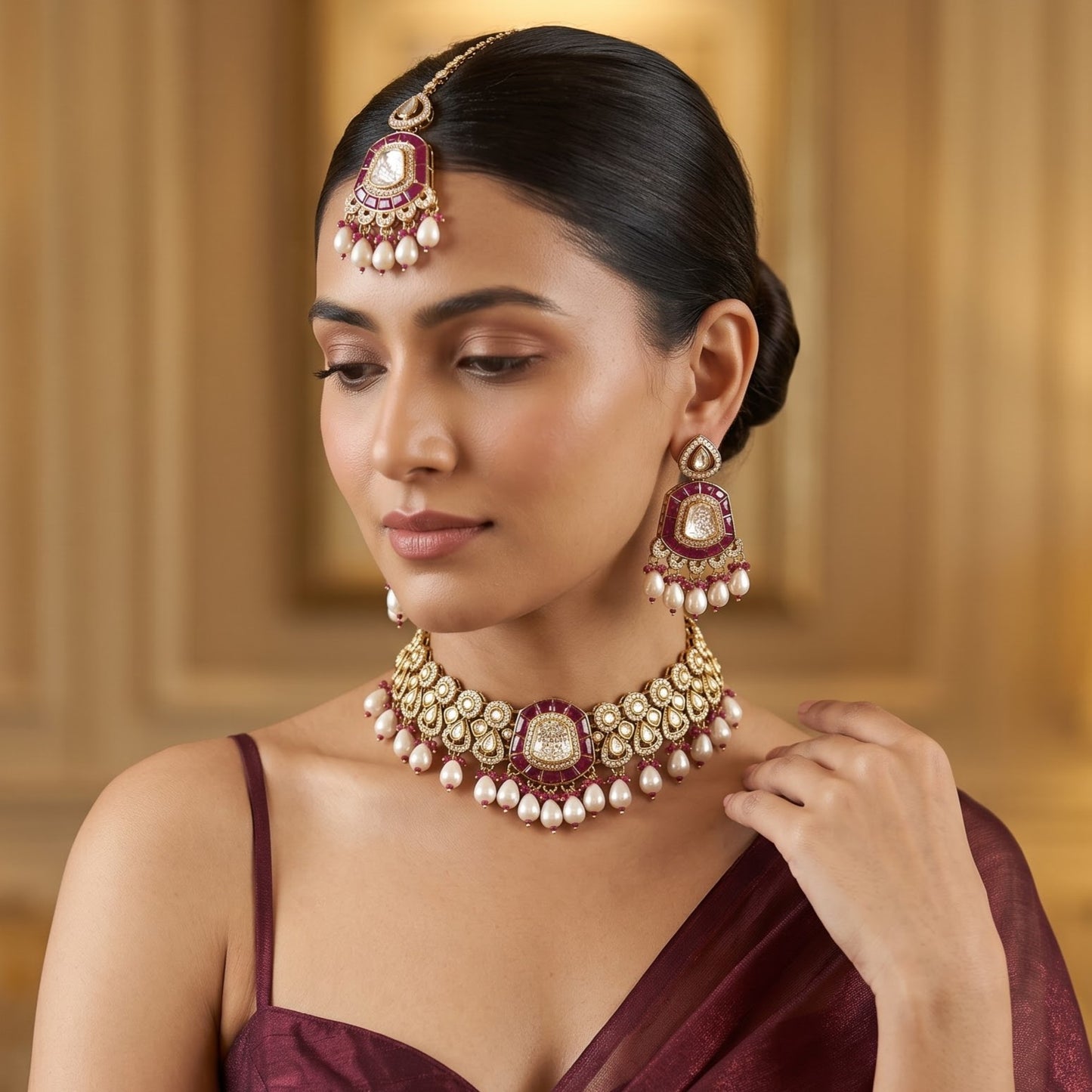 Tanishka Polki Premium Necklace Set - Magenta Pink