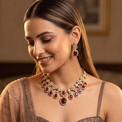 Maroon Tayani Zircon Kundan Necklace Set with Earrings