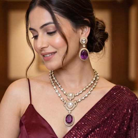 Purple Veronica Double Layer Polki Look Alike Necklace Set