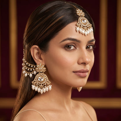 Harshita Pearl Kundan Chandbali Earrings with Detachable Sahara/Earchains and Teeka Set - Golden