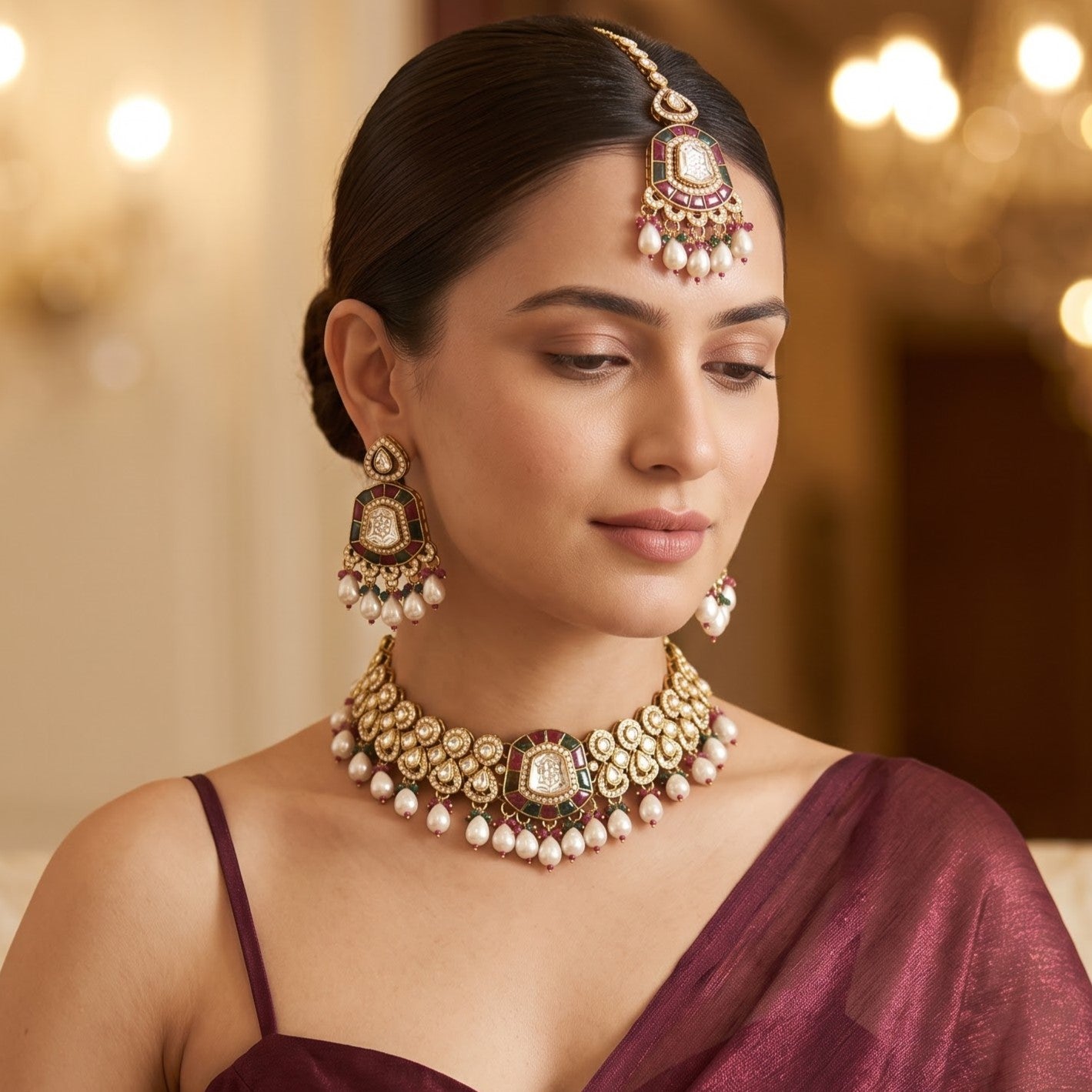 Tanishka Polki Premium Necklace Set - Pink & Green