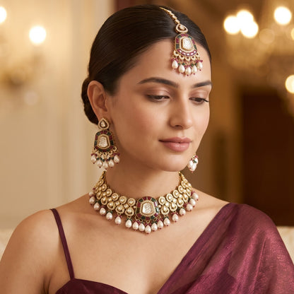 Tanishka Polki Premium Necklace Set - Pink & Green
