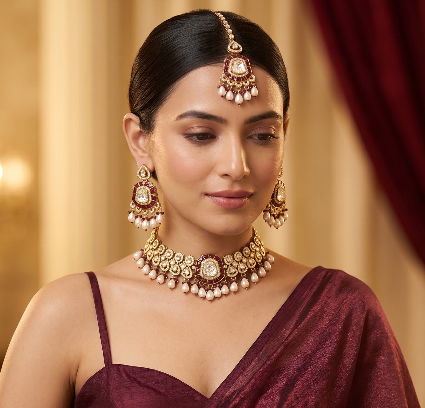 Tanishka Polki Premium Necklace Set - Maroon