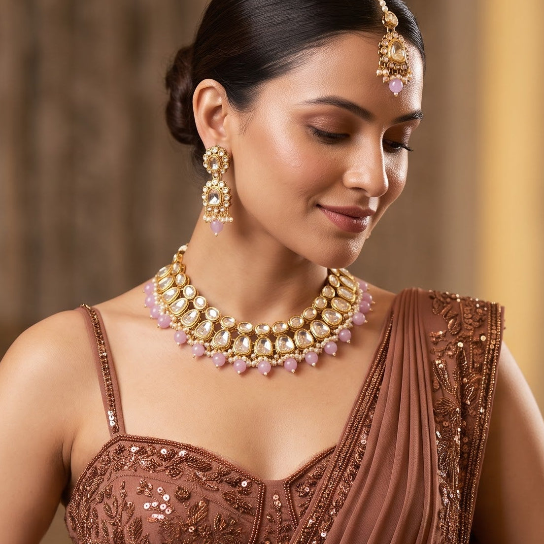 Reeti Kundan Pearl Necklace Set - Lavender