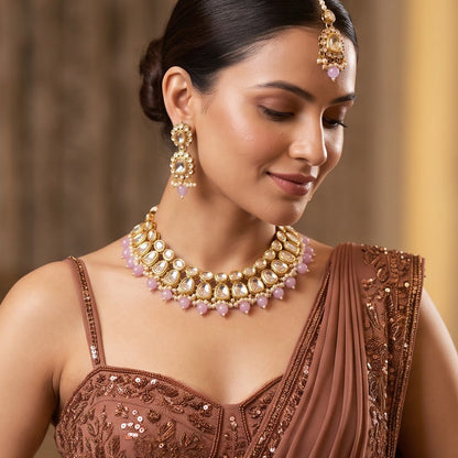 Reeti Kundan Pearl Necklace Set - Lavender