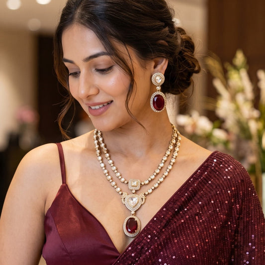 Maroon Veronica Double Layer Polki Look Alike Necklace set