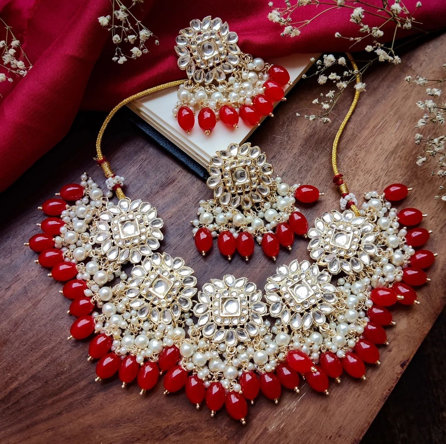 Arshi Kundan Pearl Necklace Set - Red