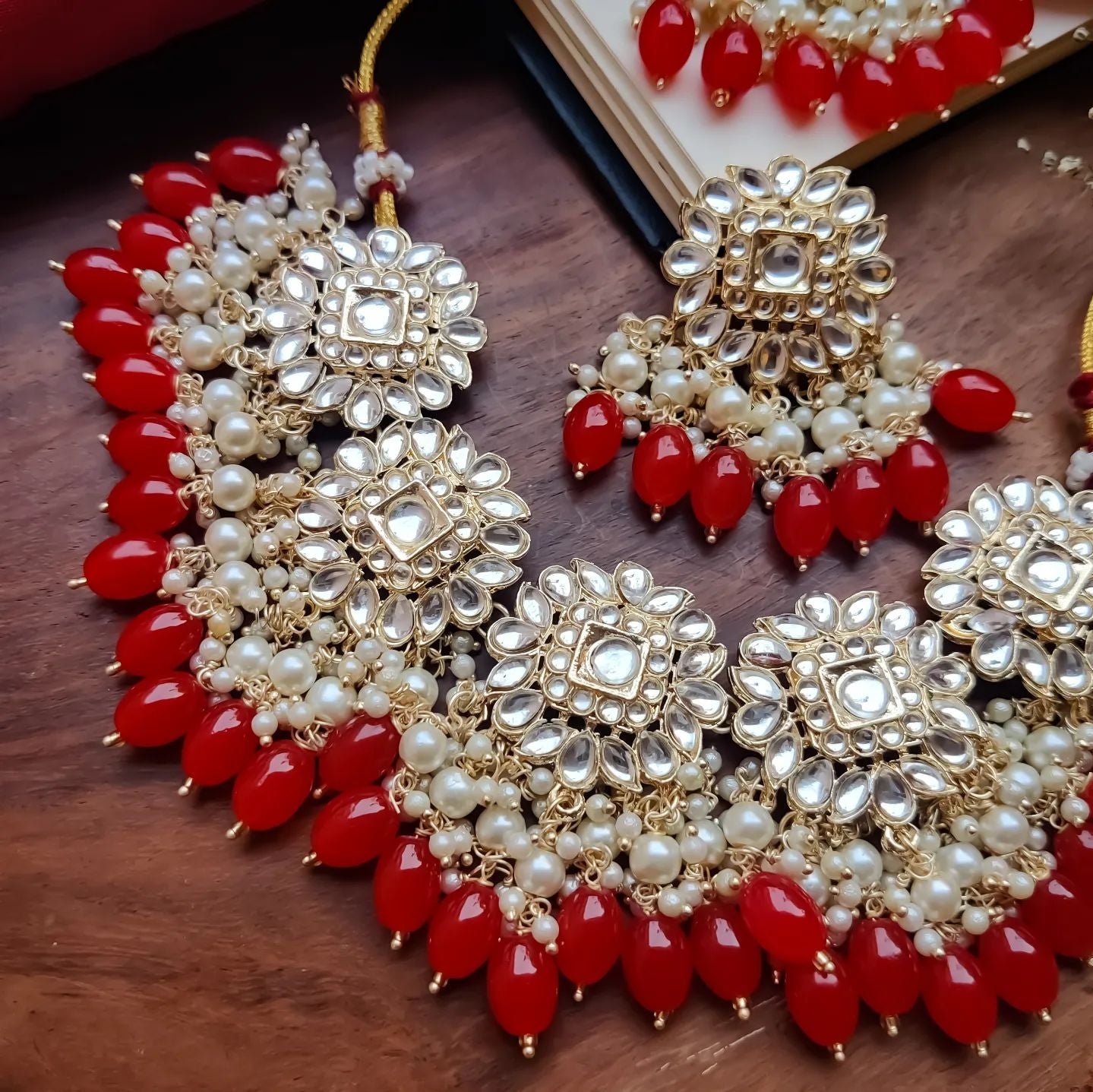 Arshi Kundan Pearl Necklace Set - Red