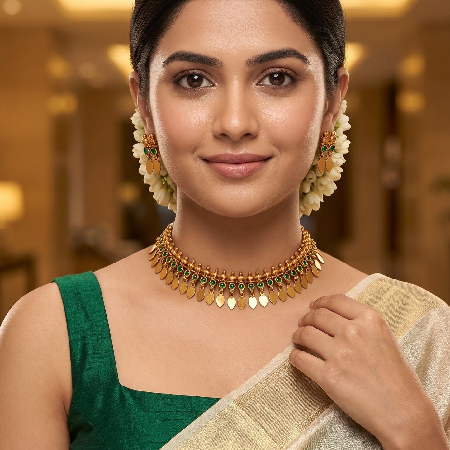 Kaira Temple premium antique gold choker necklace featuring a linear track of round emerald green kemp stones a top row of gold beads a bottom cascading fringe of flat coin leaf drops and matching earrings
