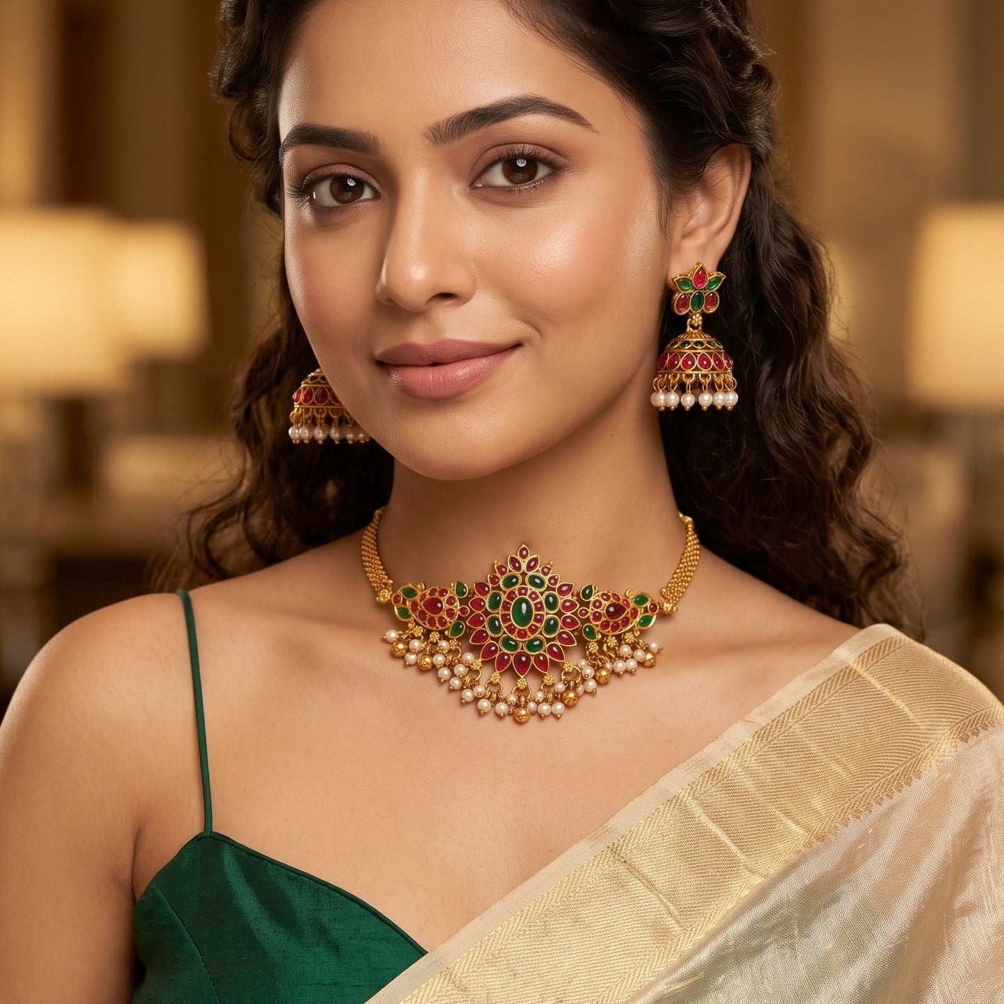 Amaira Temple premium antique gold choker necklace featuring a broad central diamond shaped plaque encrusted with pink and green kemp stones a dense micro pearl fringe and matching dome jhumka earrings