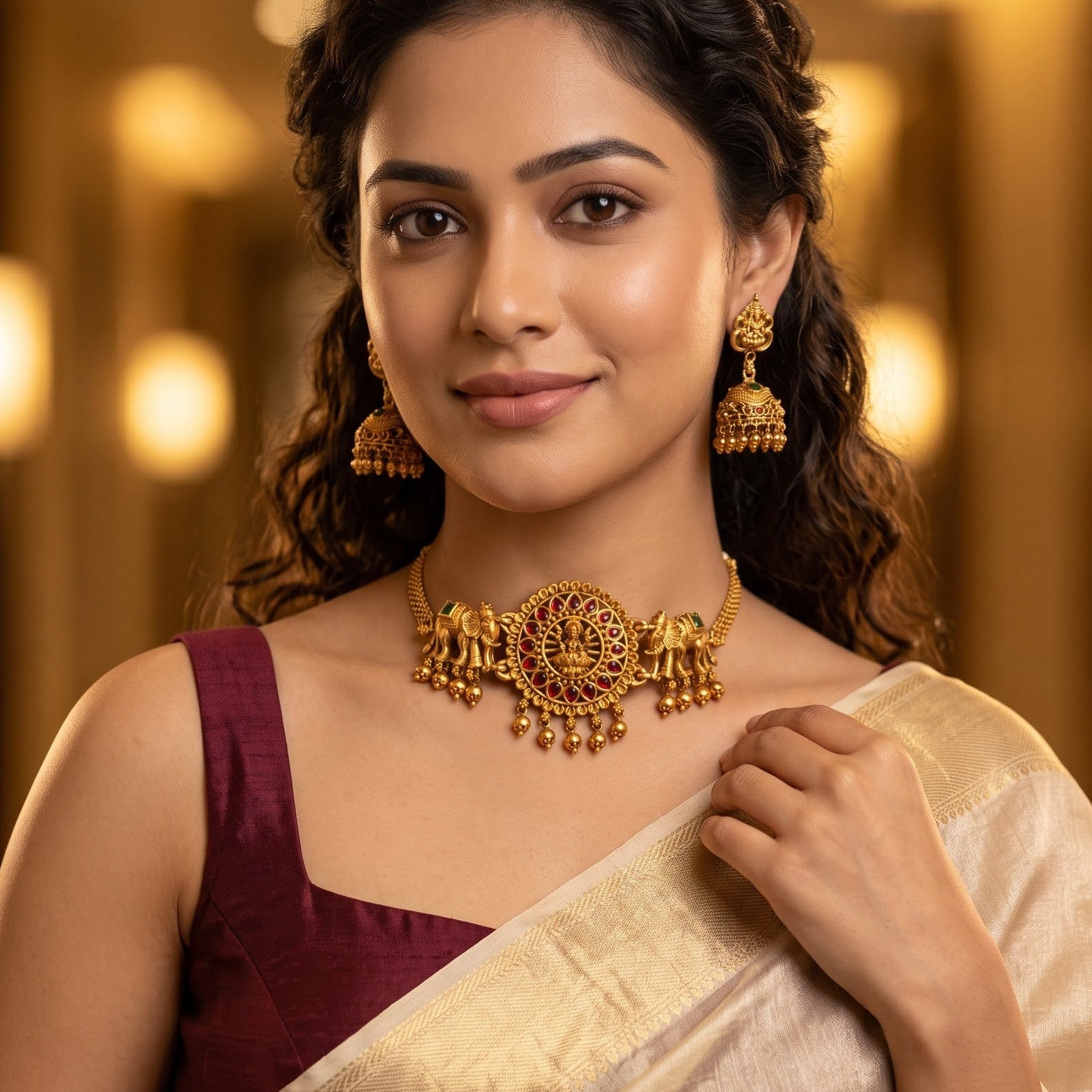 Ekdanta Temple premium antique gold choker necklace set featuring a rigid hasli band with embossed goddess lakshmi medallion twin caparisoned elephant motifs clear kemp stones and matching dome jhumka earrings