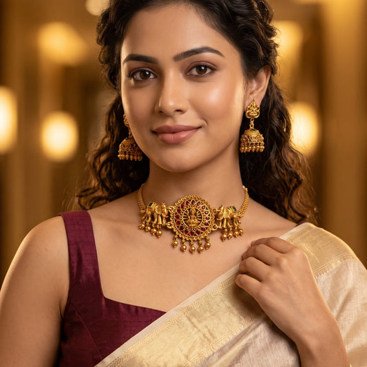 Ekdanta Temple premium antique gold choker necklace set featuring a rigid hasli band with embossed goddess lakshmi medallion twin caparisoned elephant motifs clear kemp stones and matching dome jhumka earrings