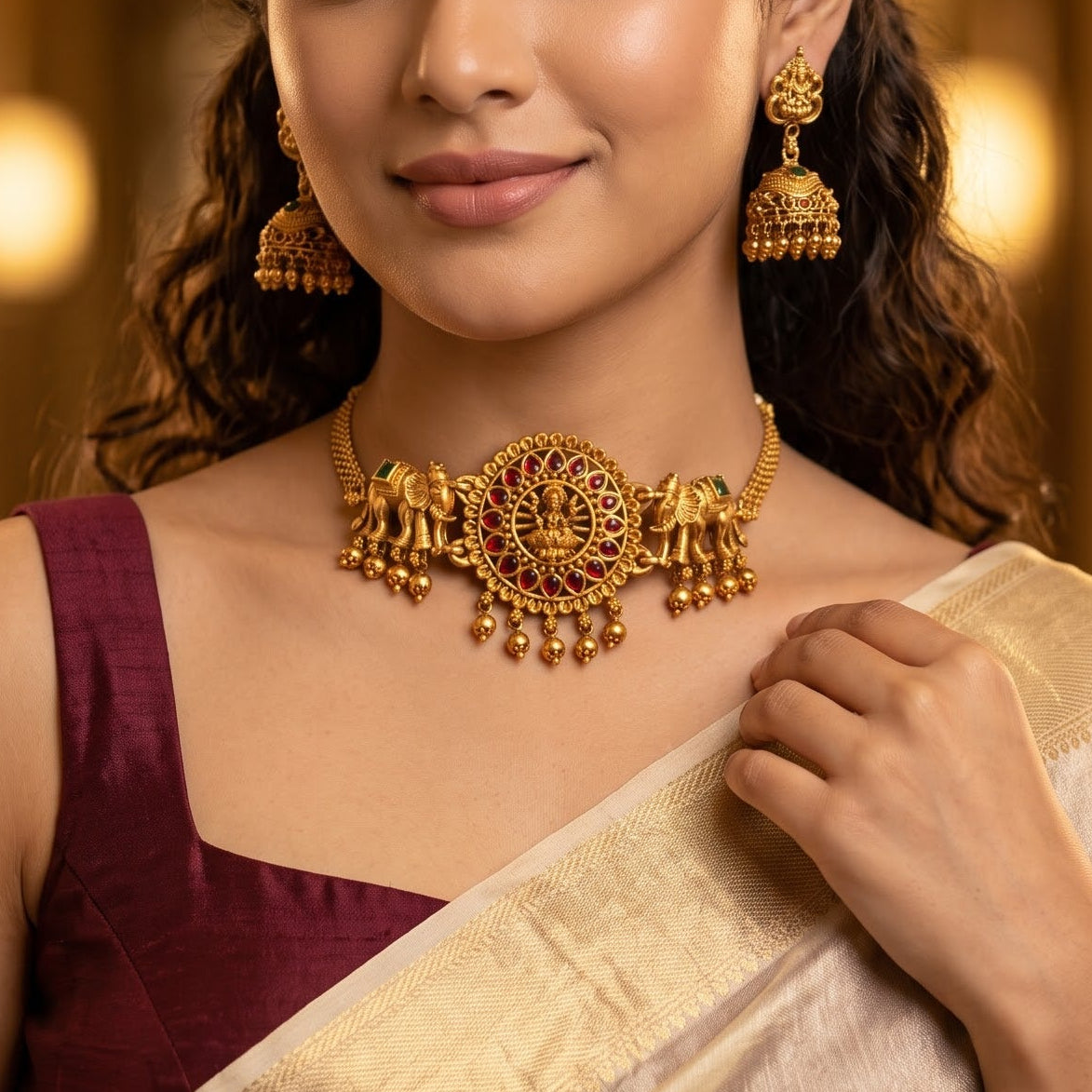 Ekdanta Temple Choker Necklace Set - Pink & Green
