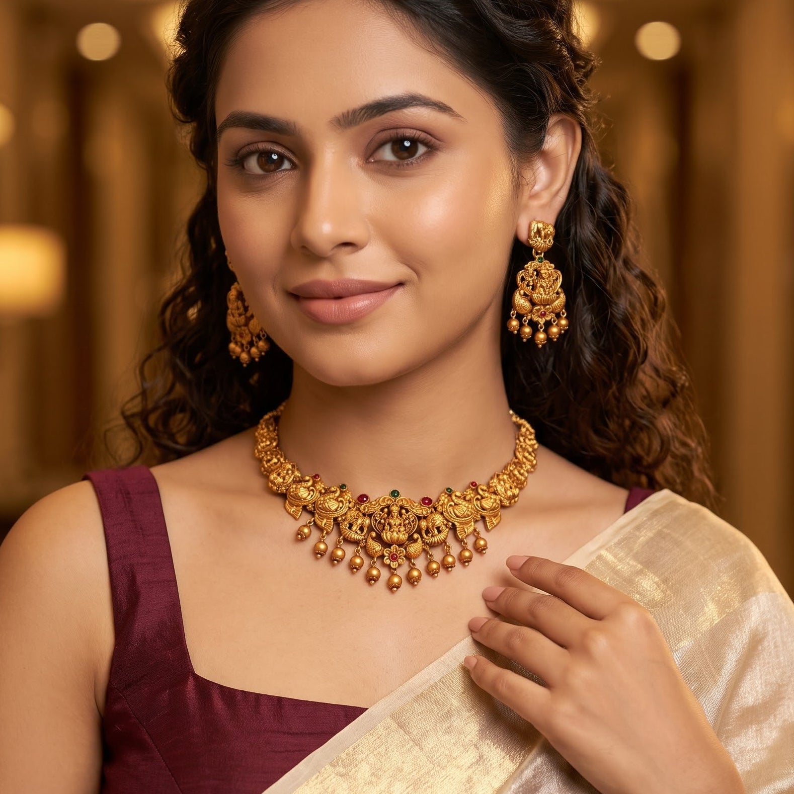 Devika Lakshmi Temple premium antique gold choker necklace set featuring a rigid band with embossed goddess and peacock motifs clear kemp stones and matching dome jhumka earrings