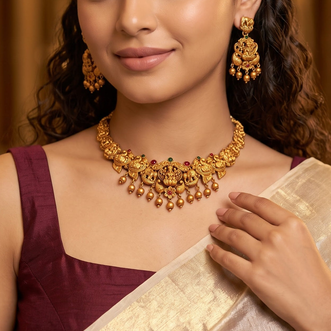 Devika Lakshmi Temple premium antique gold choker necklace set featuring a rigid band with embossed goddess and peacock motifs clear kemp stones and matching dome jhumka earrings