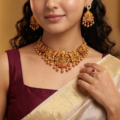 Maheshwari Lakshmi Temple Necklace Set - Pink & Green