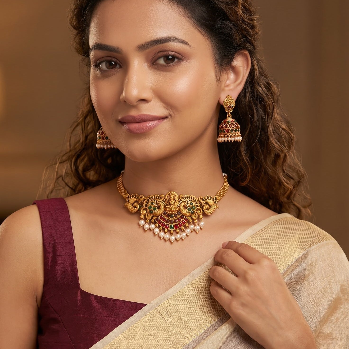 Lekha Peacock Lakshmi Temple premium antique gold choker necklace set featuring a rigid band with embossed goddess and peacock motifs clear kemp stones and matching dome jhumka earrings