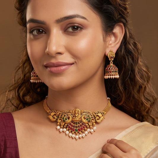 Lekha Peacock Lakshmi Temple Choker Necklace Set - Pink & Green