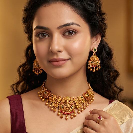 Maheshwari Lakshmi Temple Necklace Set - Pink & Green