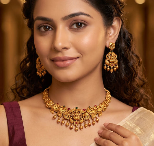 Devika Lakshmi Temple Necklace Set - Pink & Green