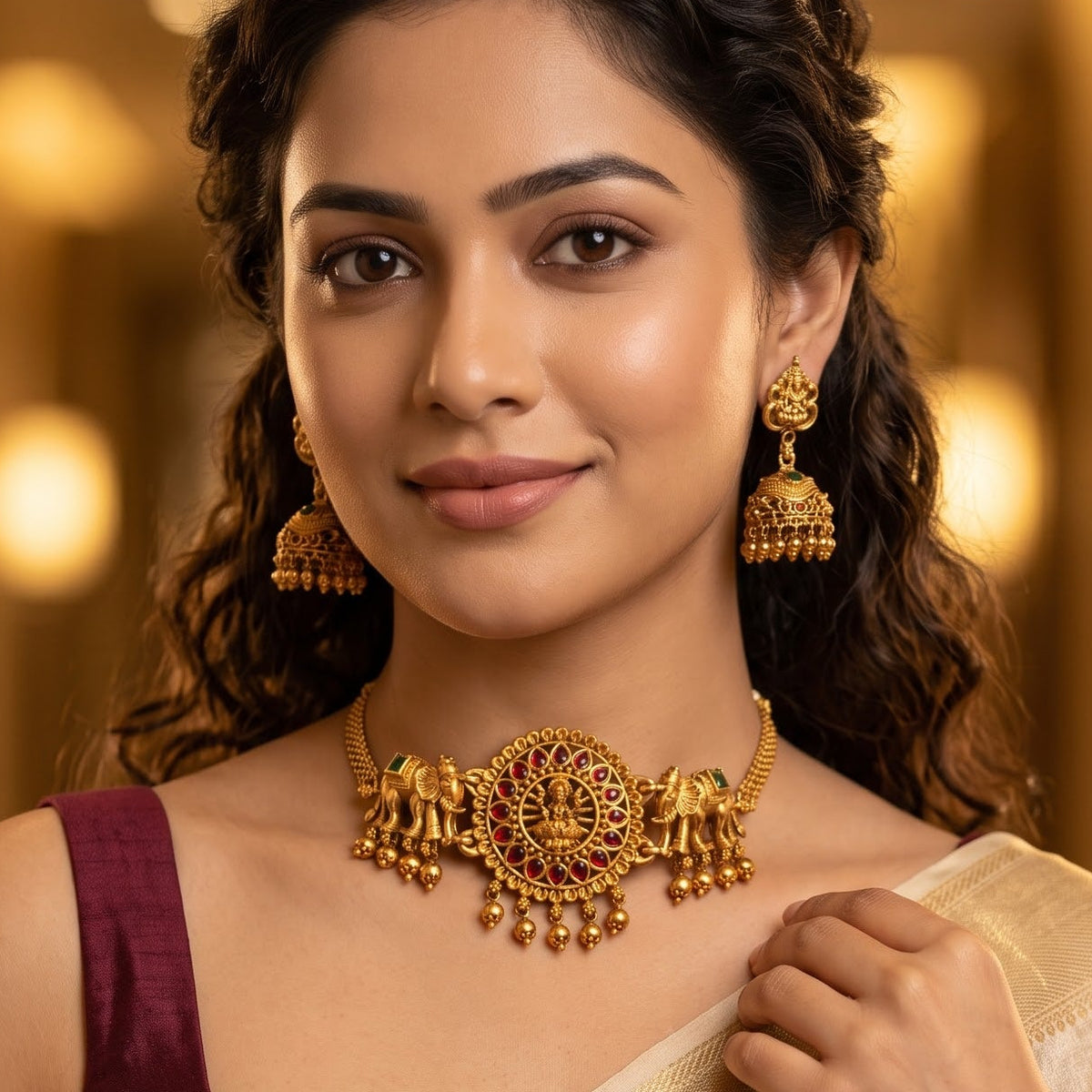 Ekdanta Temple Choker Necklace Set - Pink & Green