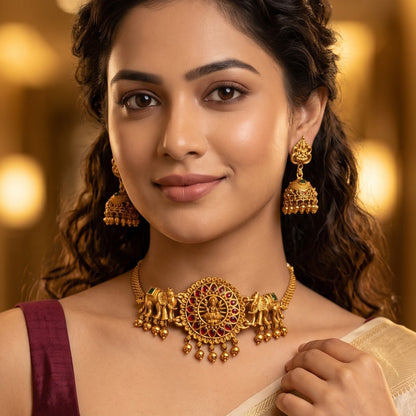 Ekdanta Temple Choker Necklace Set - Pink & Green