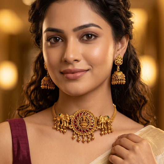 Ekdanta Temple Choker Necklace Set - Pink & Green