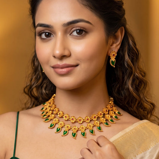 Riva Floral Double Layer Temple Necklace Set - Gold & Green