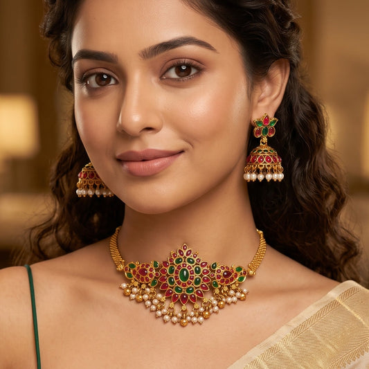 Amaira Temple Choker Necklace Set - Pink & Green