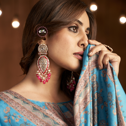 JANNAT PEARL DROP DANGLER EARRINGS - HOT PINK