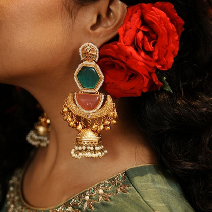 Kaviri premium antique brass kashmiri earrings featuring hexagonal mint green and crescent pink stones with double pearl borders hanging ghunghroos and a pearl jhumka drop