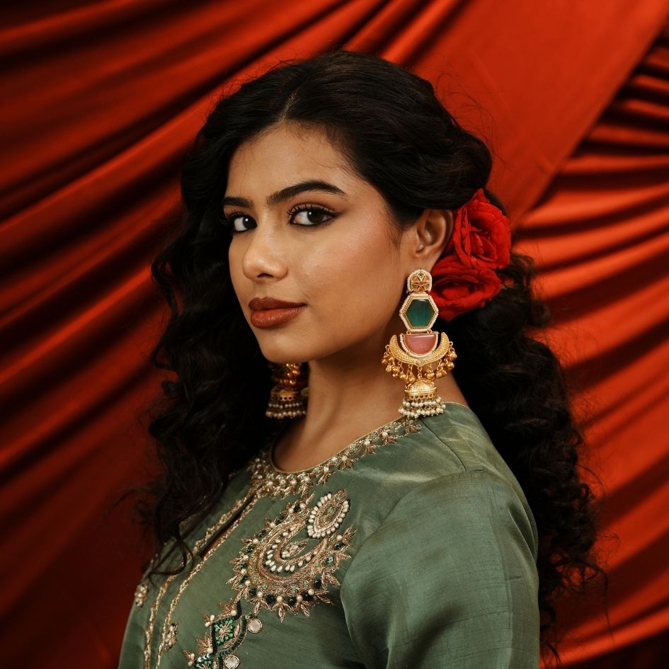 Kaviri Premium Kashmiri Brass Jhumka Ghungroo Earrings - Mint Green & Pink