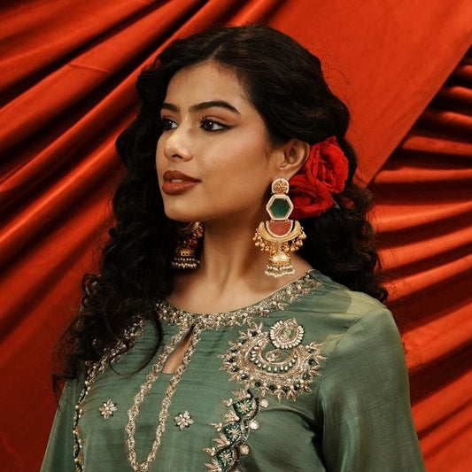 Kaviri Premium Kashmiri Brass Jhumka Ghungroo Earrings - Mint Green & Pink