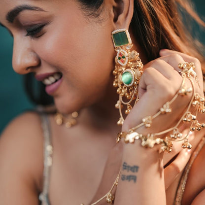 Patralekha premium antique brass kashmiri earrings with square green stone and mint cats eye stone paired with matching butterfly multi strand haathphool hand harness