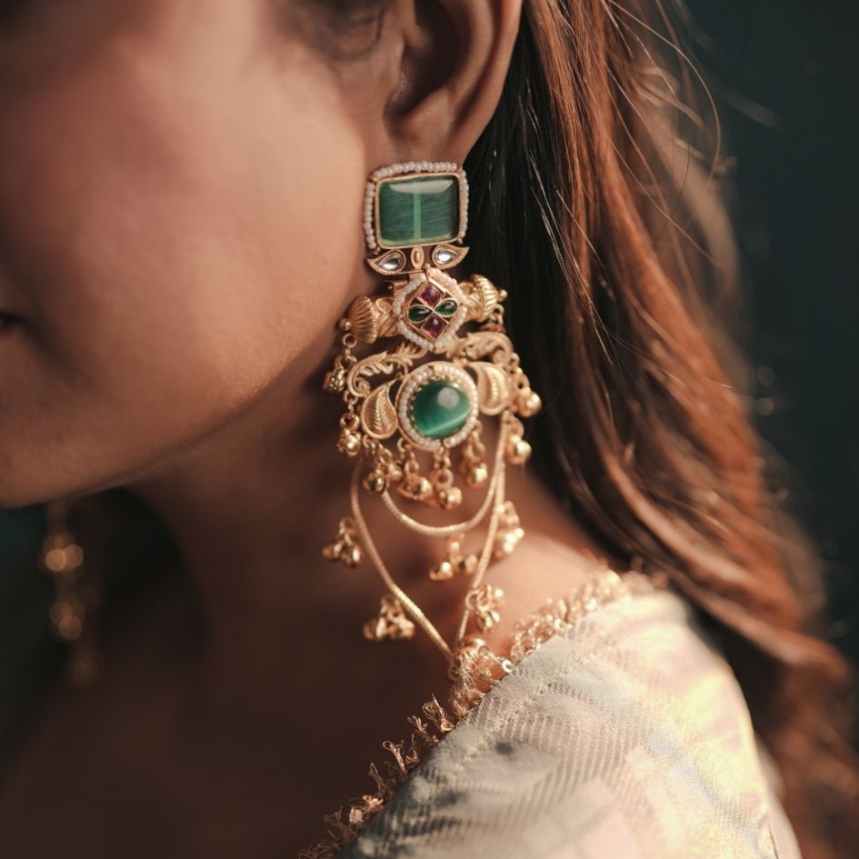 Patralekha premium antique brass kashmiri earrings with square green stone and mint cats eye stone paired with matching butterfly multi strand haathphool hand harness