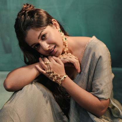 Patralekha premium antique brass kashmiri earrings with square green stone and mint cats eye stone paired with matching butterfly multi strand haathphool hand harness