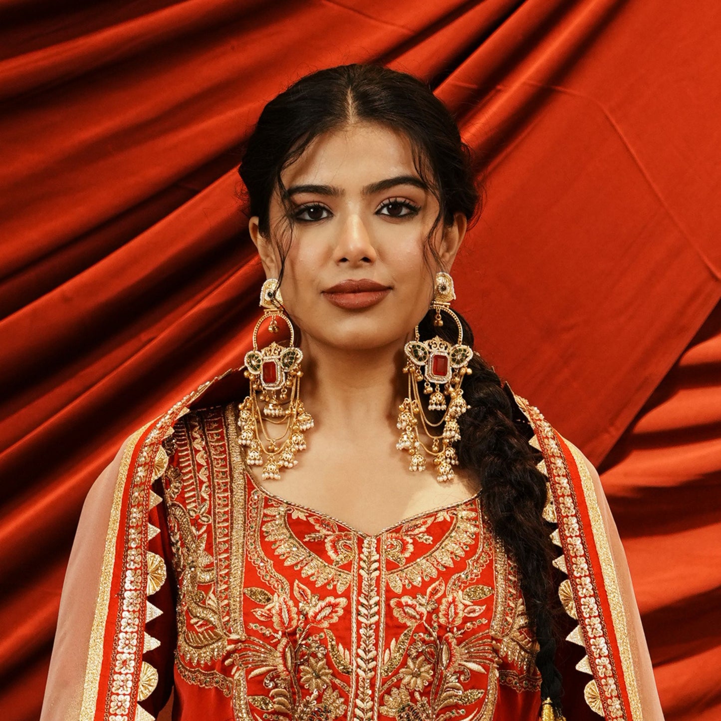 Masakali Premium Kashmiri Brass Ghungroo Chandbali Earrings - Red & Green