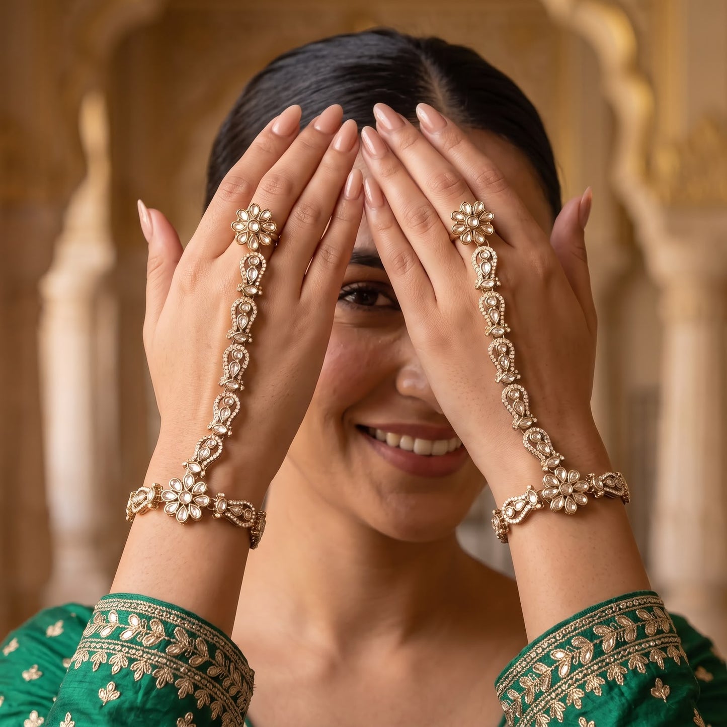 premium antique gold kundan haathphool pair featuring circular flower rosette rings linked vertical almond stone tracks and matching clear crystal wrist medallion bracelets