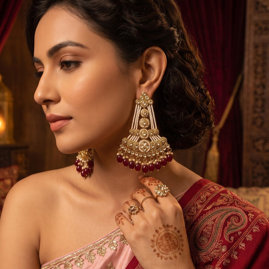 Maroon Kinza Kundan Pearl Chandbali Earrings