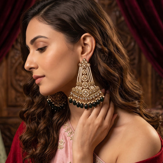 Green Kinza Kundan Pearl Chandbali Earrings
