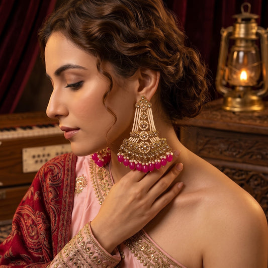 Pink Kinza Kundan Pearl Chandbali Earrings