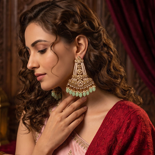 Pastel Green Kinza Kundan Pearl Chandbali Earrings