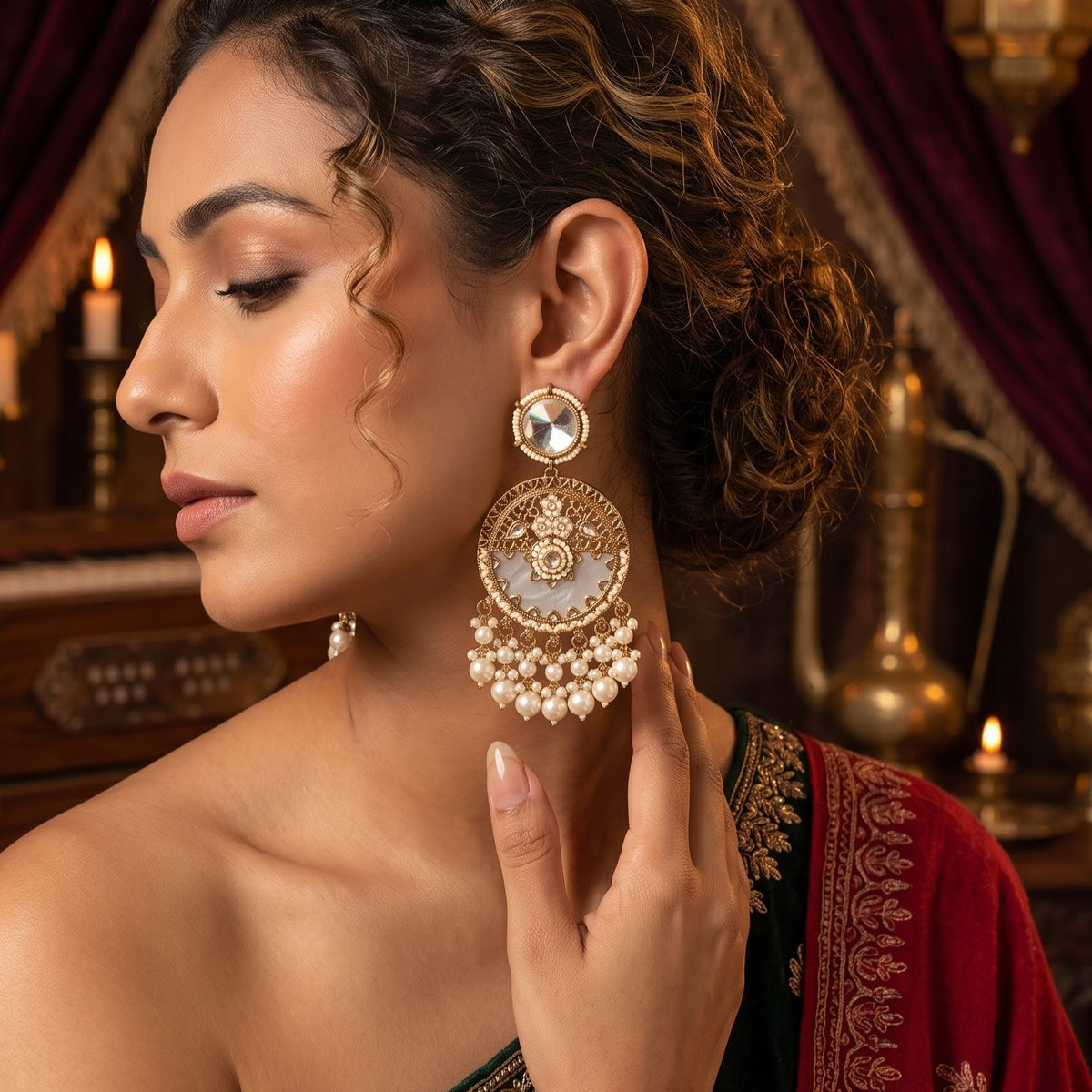 Golden Pallavi MOP Pearl Meenakari Chandbali Earrings