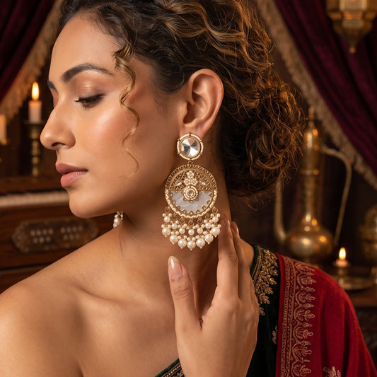 Golden Pallavi MOP Pearl Meenakari Chandbali Earrings