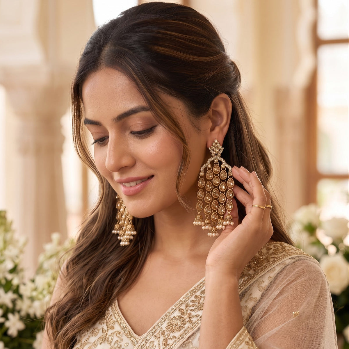 Tejaswini Rain Drop Chandbali Earrings - Golden