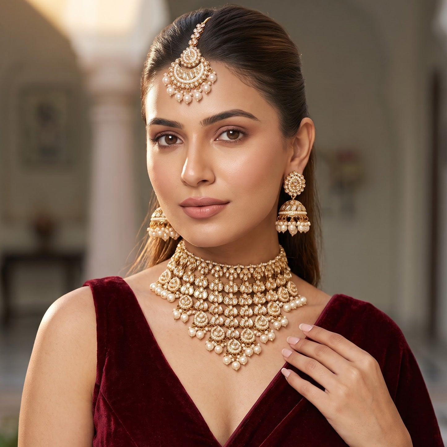 Shameena premium antique gold kundan plunging choker necklace set featuring multi tier tracks of clear dabi stones a dense cascading fringe of white pearls matching dome jhumka earrings and a crescent maang tikka