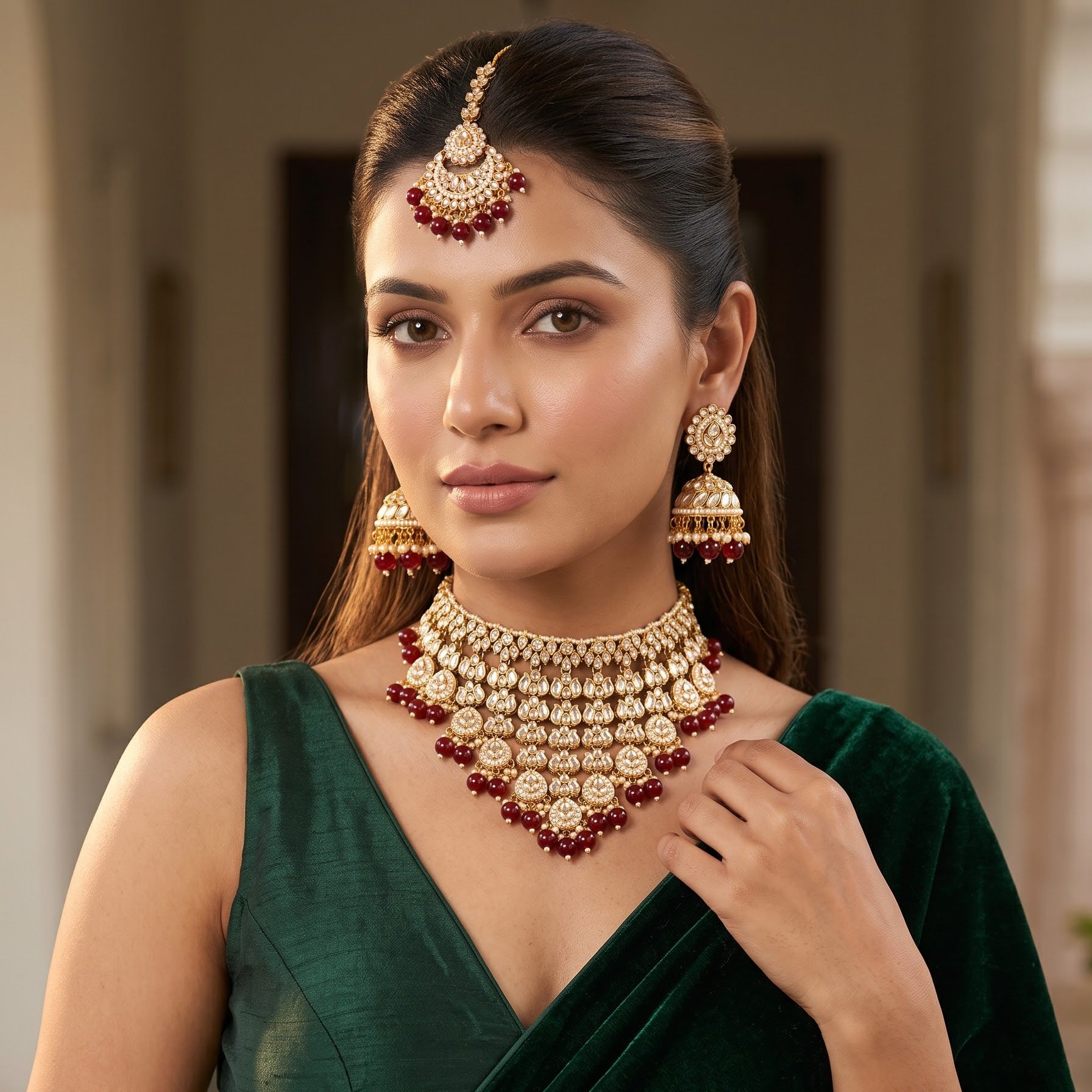 Shameena premium antique gold kundan plunging choker necklace set featuring multi tier tracks of clear dabi stones a dense cascading fringe of white pearls matching dome jhumka earrings and a crescent maang tik